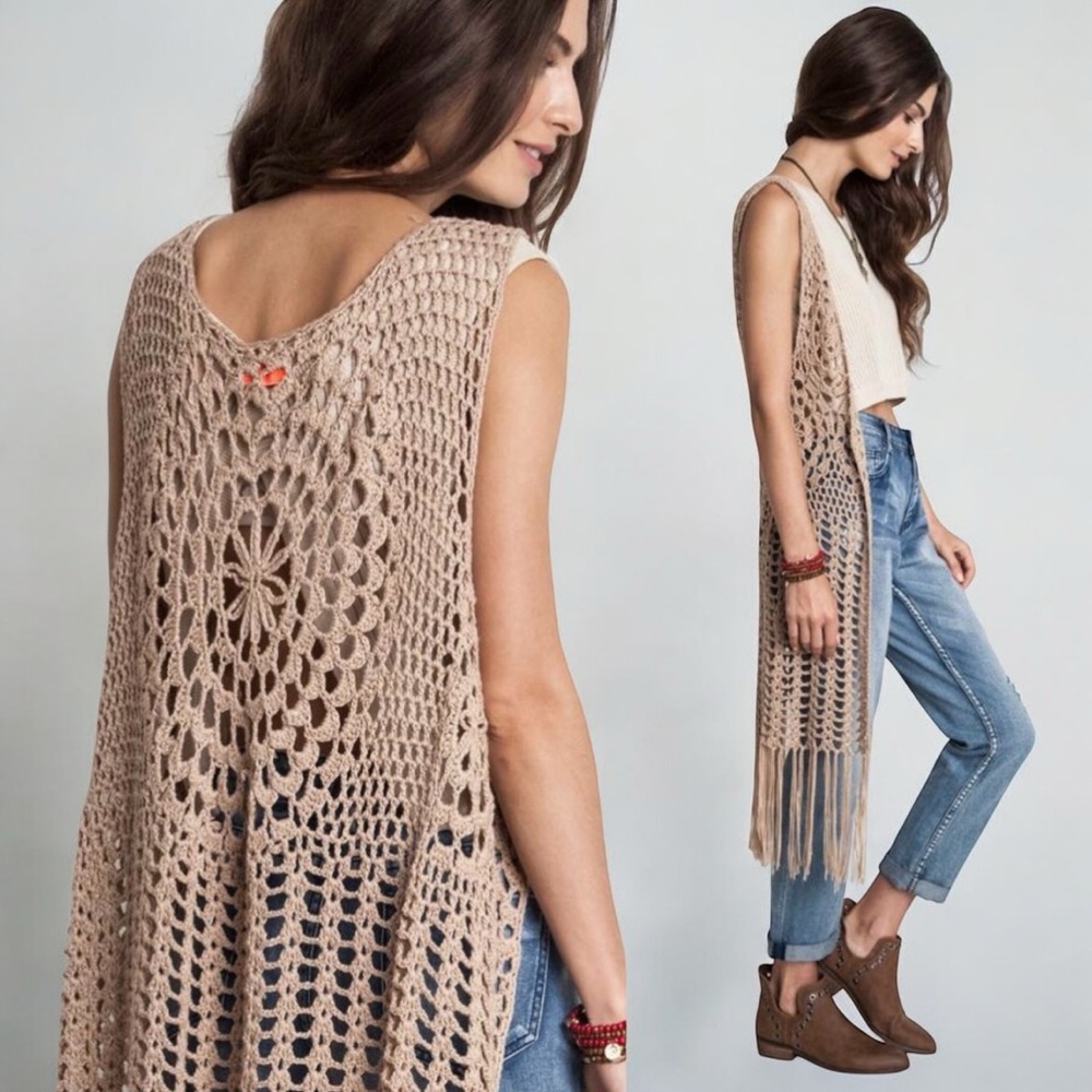 Mandala Design Crochet Fringe Hem Boho Vest ( Taupe )